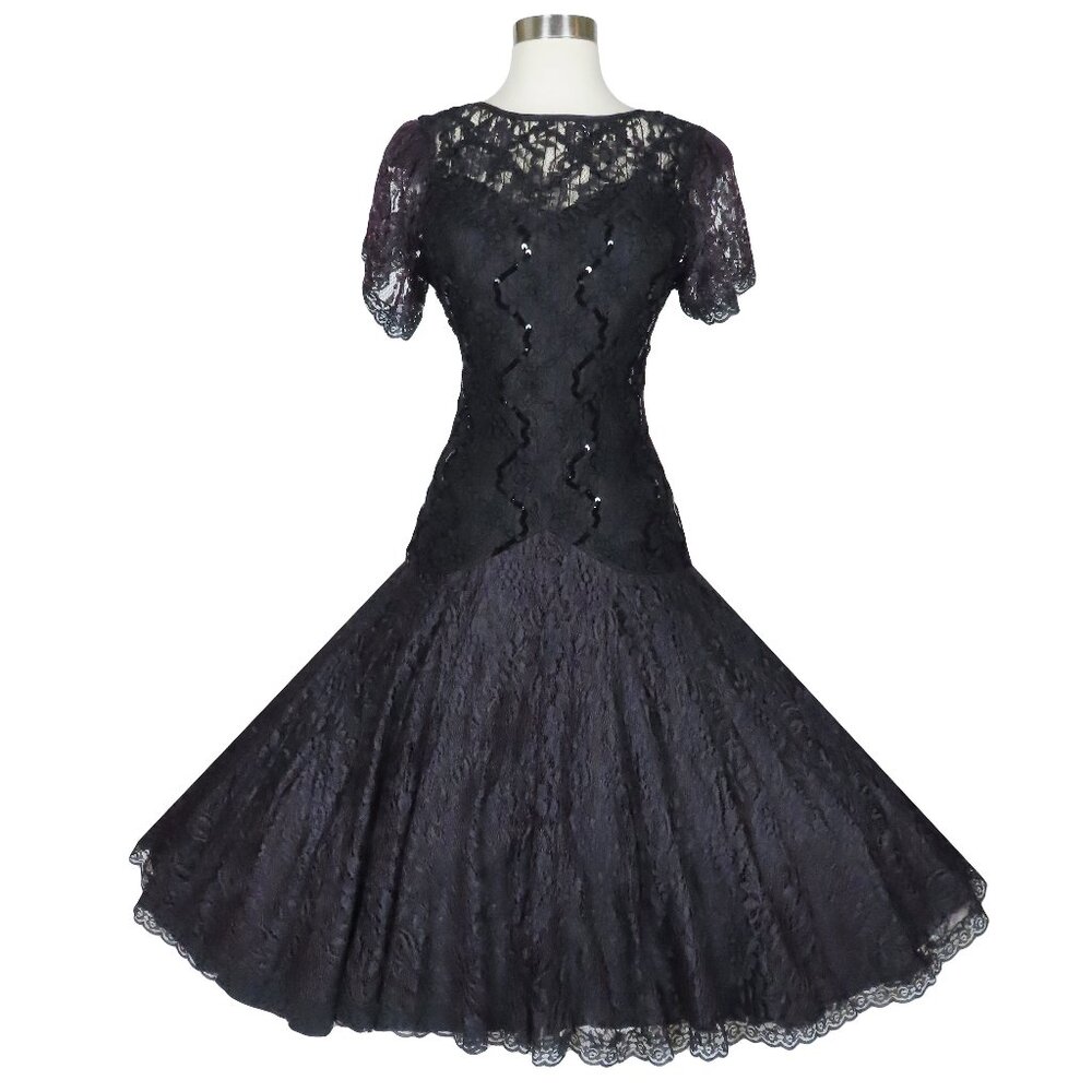 Vintage 80s 20s Black Lace Prom Party Dress M Medium Goth Witchy Whimsygoth